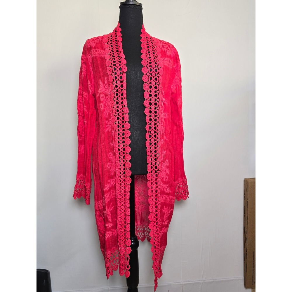 Soft Surroundings Women Kimono Cardigan Linen Blend Crochet Trim Red Boho beach